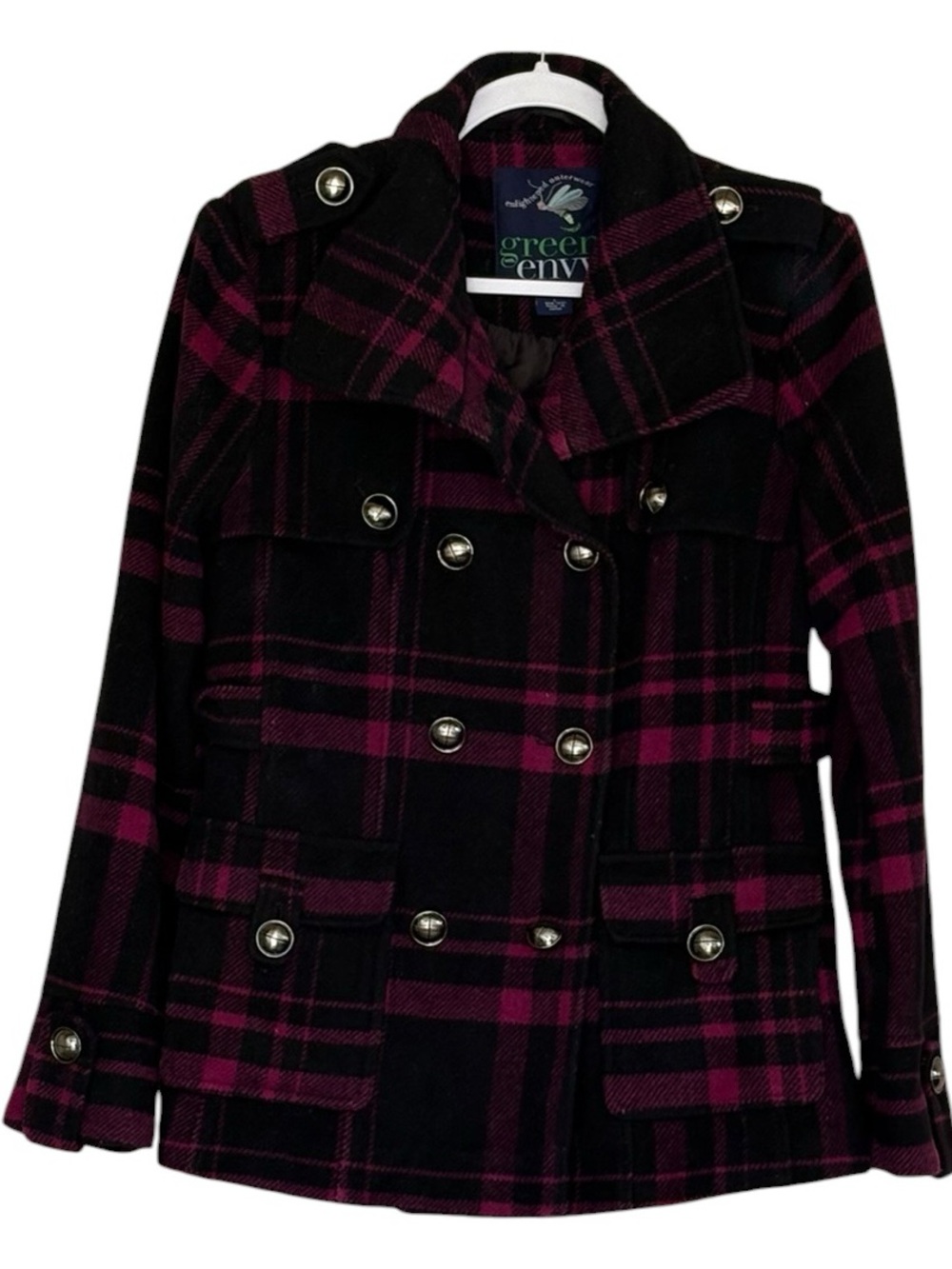 Green Envy Plaid Button Down Double-Breasted Pea Coat Jacket Size L
